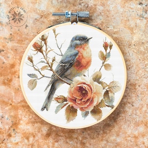 Rosa con un patrón de punto de cruz de pájaro, kit de bordado moderno, descarga de PDF para principiantes, decoración del hogar de bricolaje, diseño fácil de punto de cruz