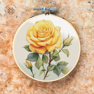 黄色いバラのクロスステッチパターン刺繍、花のクロスステッチデザイン、クロスステッチチャート、自然の簡単なクロスステッチPDFダウンロード