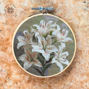 Modern Bouquet Lily Floral Cross Stitch Pattern, Landscape Cross Stitch Designs, Cross Stitch Chart, Nature Easy Cross Stitch Pdf