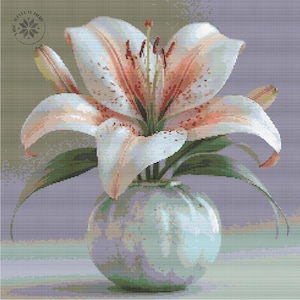 Modern  Lily in Vase Floral Cross Stitch Pattern, Landscape Cross Stitch Designs, Cross Stitch Chart, Nature Easy Cross Stitch Pdf