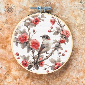 Rosa con un patrón de punto de cruz de pájaro, kit de bordado moderno, descarga de PDF para principiantes, decoración del hogar de bricolaje, diseño fácil de punto de cruz