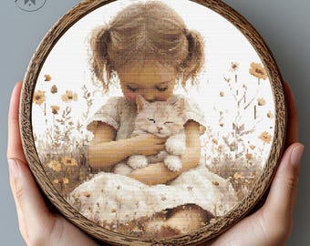 Little Girl  & Cat Cross Stitch Pattern Embroidery  Cross Stitch Designs, Cross Stitch Chart, Nature Easy Cross Stitch Pdf Download