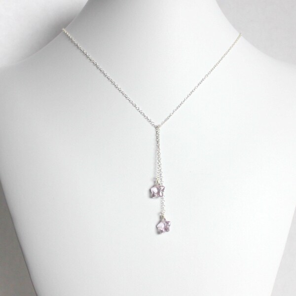Light Purple Amethyst Star-shaped Briolette Gemstone Lariat Necklace in Sterling Silver . Amethyst gemstone necklace, petite star necklace