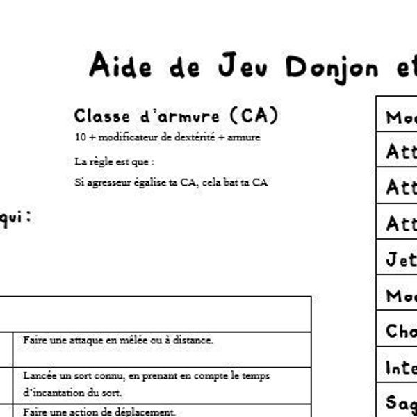 Aide de jeu pour Donjon et Dragon 5e édition