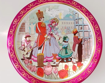 Vintage Macintosh Quality Street blikken doos, gemaakt in Engeland, Victoriaanse scène met tulpen, verzamelblik of displayblik, vintage opslag