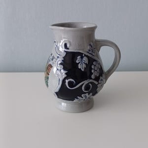 Vintage German Salt Glazed Stoneware Wine Pitcher with Grapes Motif - Trinkbelieben, Rustic Ceramic Pitcher 250 ml, Individual Wine Pitcher.