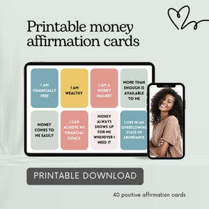 40 tarjetas imprimibles con afirmaciones positivas sobre el dinero / 40 afirmaciones imprimibles para la riqueza financiera / 40 tarjetas con afirmaciones sobre finanzas personales
