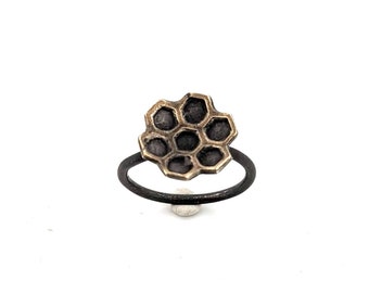 Golden Honeycomb Ring - Sterling Silver and Brass SIZE 7