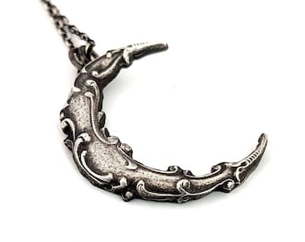 Ornate Crescent Moon Pendant in Sterling Silver