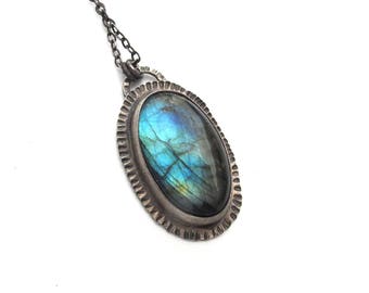 Big Oval Labradorite Pendant with Textured Sterling Silver - OOAK