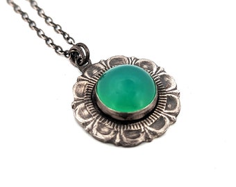Chrysoprase Pendant with Decorative Frame in Sterling Silver