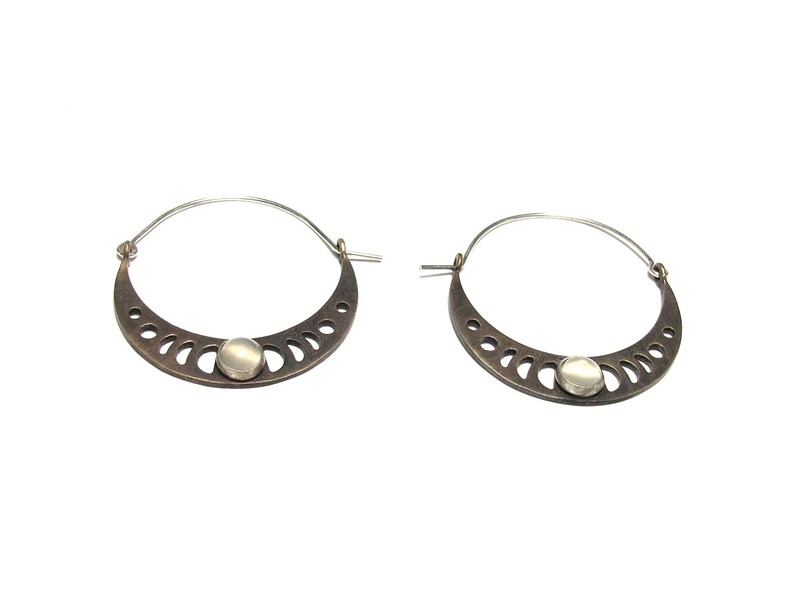 Full Moon Hoops Sterling silver, Brass and Moonstone image 1