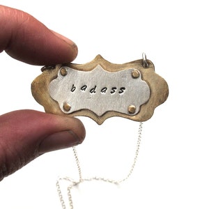 Hand Stamped Personalized Modern Name Tag Necklace - Sterling Silver and Brass - Customized with Your Choice of Words