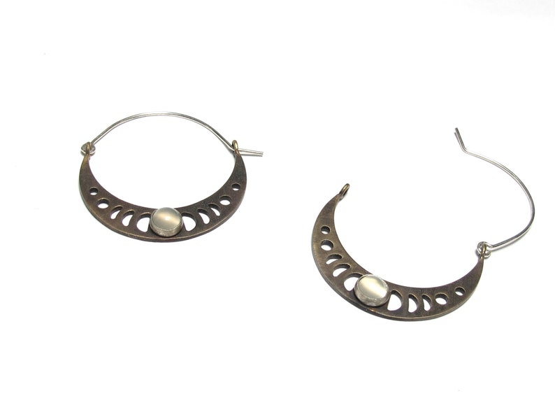 Full Moon Hoops Sterling silver, Brass and Moonstone image 4