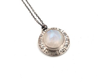 Zodiac Pendant in Sterling Silver and Rainbow Moonstone