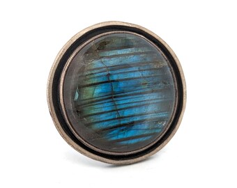 Big Round Sterling Silver and Labradorite Cocktail Ring - Size 8 OOAK