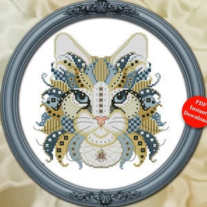 May include: A cross-stitch pattern of a cat with a detailed design in shades of blue, gold, and white, framed in a grey oval. The image includes the text "COLORFUL CATS" and "Cobweb". A red circle indicates "PDF Instant Download".