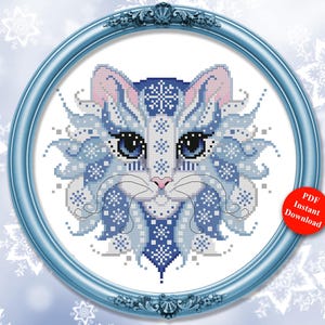 May include: A cross-stitch pattern with a blue and white cat design in a light blue frame. The text "Colorful Cats" and "January" are visible. Designed by Pamela Kellogg, with a "PDF Instant Download" label.