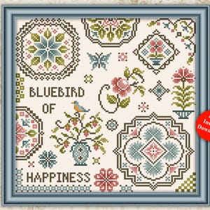 Cross Stitch Pattern Quaker Sampler Bluebird Of Happiness PDF Download by Pamela Kellogg