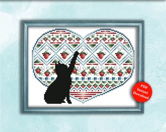Cats and Hearts June Cross Stitch Pattern, Strawberries Geometric (Digital PDF Download)