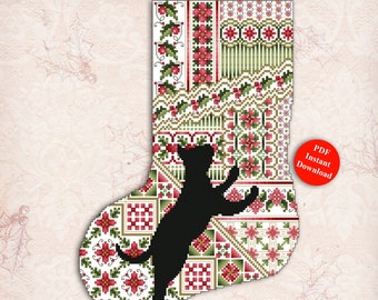 May include: A counted cross stitch pattern for a Christmas stocking featuring a black cat with a poinsettia design. The pattern is titled "Cats and Stockings" and is available as an instant PDF download.