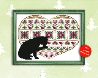 May include: A counted cross stitch pattern titled Cats and Hearts by Kitty Me Designs featuring a large heart shape filled with a repeating floral and tree motif in shades of pink, green, and gold, with a solid black cat silhouette in the foreground.