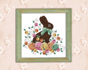Chocolate Bunny Cross Stitch Easter Pattern Printed Leaflet by Pamela Kellogg