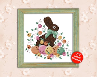 Chocolate Bunny Cross Stitch Easter Pattern Instant Digital PDF Download by Pamela Kellogg