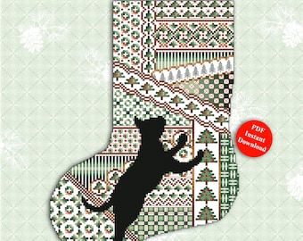 May include: A counted cross stitch pattern for a Christmas stocking featuring a black cat climbing a tree. The stocking is decorated with a patchwork of green, red, and white holiday patterns. The pattern is titled "Cats and Stockings" and is available as an instant PDF download.