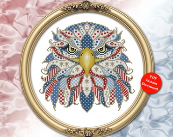 Cross Stitch Pattern Eagle Patriot Colorful Modern Geometric Mandala 4th of July Instant Digital PDF Download by Pamela Kellogg