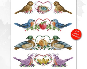 Seasonal Bird Borders Counted Cross Stitch Pattern Instant Digital PDF Download by Pamela Kellogg