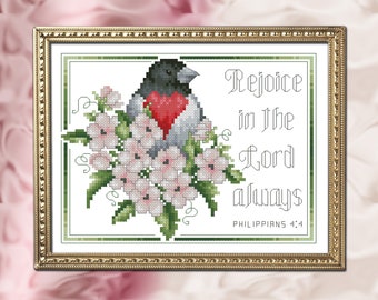 Rejoice In The Lord Always Philippians 4:40 Rosebreasted Grosbeak Counted Cross Stitch Printed Pattern Leaflet by Pamela Kellogg
