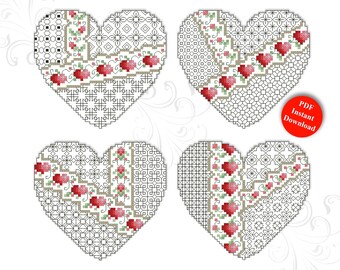 Crazy Blackwork Valentines Ornaments Counted Cross Stitch Pattern PDF Download by Pamela Kellogg