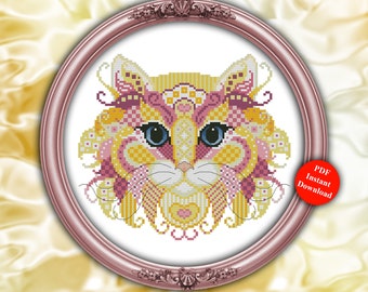 Cross Stitch Pattern Colorful Cats Lemonade Geometric Modern Mandala Cat Design Instant Digital PDF Download by Pamela Kellogg