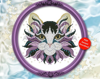 Gatos coloridos Merlín Halloween contado patrón de punto de cruz Descarga digital instantánea en PDF por Pamela Kellogg