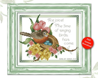 Song Of Songs 2:12 Spring Robin with Nest Counted Cross Stitch Pattern Digital PDF Download by Pamela Kellogg