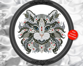 Counted Cross Stitch Colorful Cats Series Phantom Instant Digital PDF Download Pattern by Pamela Kellogg