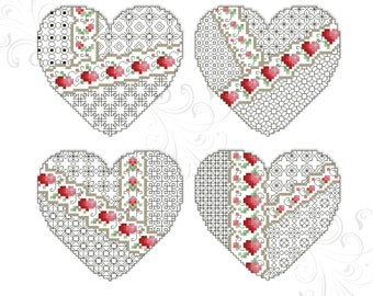 Crazy Blackwork Valentines Ornaments Counted Cross Stitch Pattern Leaflet designed by Pamela Kellogg