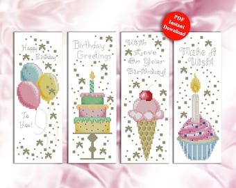 May include: A digital pattern for four counted cross stitch bookmarks featuring birthday themes. Designs include balloons with text Happy Birthday To You, a tiered cake with Birthday Greetings, an ice cream cone, and a cupcake with Make A Wish.