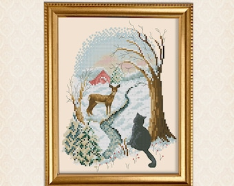 Four Seasons Cats Series Winter Watch Counted Cross Stitch Printed Pattern Leaflet by Pamela Kellogg