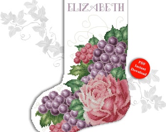 Rose And Grapes Victorian Christmas Stocking Cross Stitch Pattern PDF Download by Pamela Kellogg