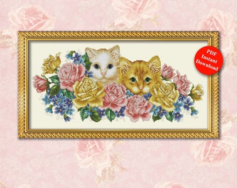 Rose Garden Kitties Counted Cross Stitch Pattern Instant Digital PDF Download by Pamela Kellogg