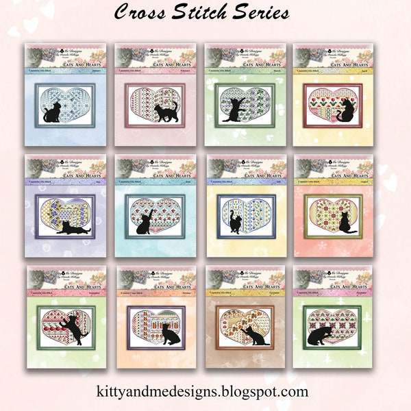 Cross Stitch Cats And Hearts Complete Pattern Series Set de 12 dépliants imprimés par Pamela Kellogg avec livraison gratuite