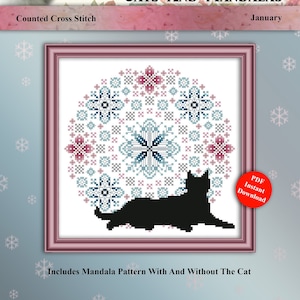 Könnte beinhalten: Gezähltes Kreuzstichmuster mit einer schwarzen Katze, die in einem Mandala-Design mit Schneeflocken und Blumen sitzt. Das Muster enthält sowohl die Katze als auch eine Version ohne die Katze. Das Muster ist als Sofort-Download verfügbar.