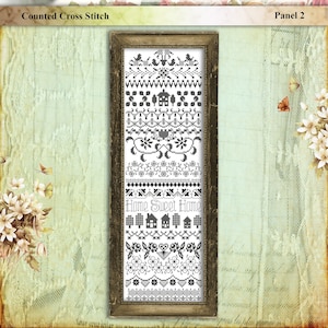 Könnte beinhalten: Ein schwarzer und weißer Zählkreuzstich-Musterstichprobenentwurf mit dem Text "Home Sweet Home" in einem gerahmten Design. Der Stichprobenentwurf ist mit "The Never Ending Sampler, Panel 2" betitelt.