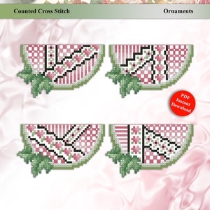 May include: Four counted cross stitch patterns for watermelon ornaments. Each pattern features a red and green watermelon slice with black seeds and a green leaf.