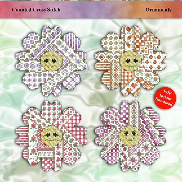 Crazy Daisies Counted Cross Stitch Ornaments for Perforated Paper Instant Digital PDF Download Pattern by Pamela Kellogg