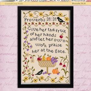 Może przedstawiać: Wzór do haftu krzyżykowego z vintage'ową ilustracją koszyka z owocami, ptakiem i tekstem "Przysłów 31:31 Daj jej owoc jej rąk i niech jej własna praca chwali ją u bram."