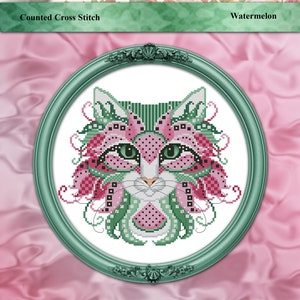 Cross Stitch Pattern Colorful Cats Series Watermelon Printed Leaflet by Pamela Kellogg