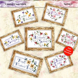 Small Cross Stitch Motifs Spring 2 Easter Mothers Day Ornaments Instant Digital PDF Download by Pamela Kellogg